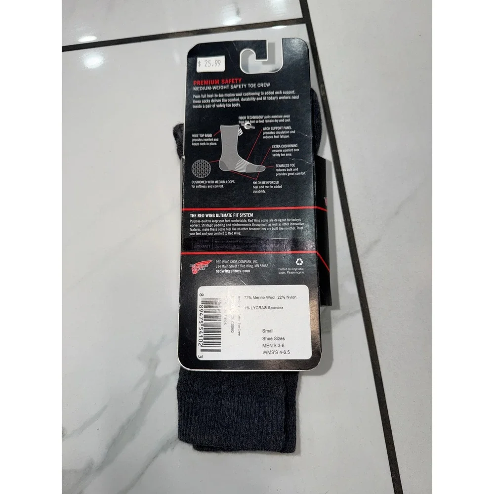 Red Wing Shoes Premium Safety Merino Wool Crew Socks Gray Mens 3-6 Womens 4-6.5